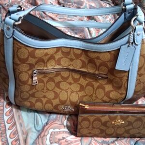 Coach Brown and Blue Signature Shoulder Bag And Matching Wallet Leather